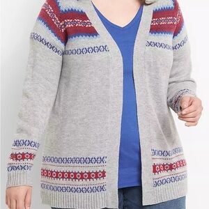 Lane Bryant Open Front Fair Isle Cardigan 14/16 Gray Red Metallic Thick Knit NWT